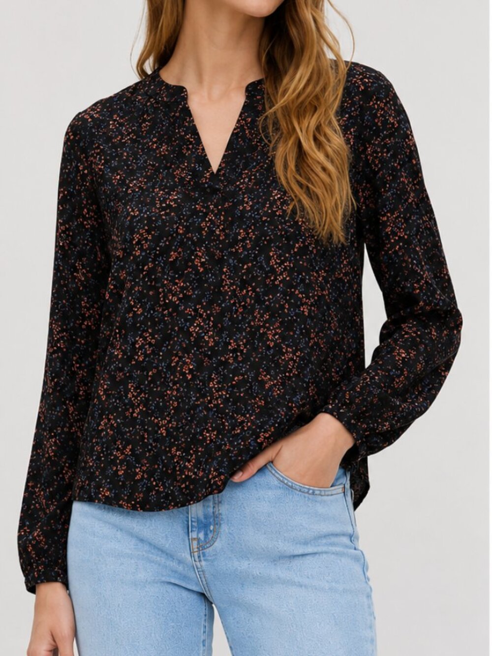 Hilary Radley Floral Long-Sleeve Button-Front Blouse